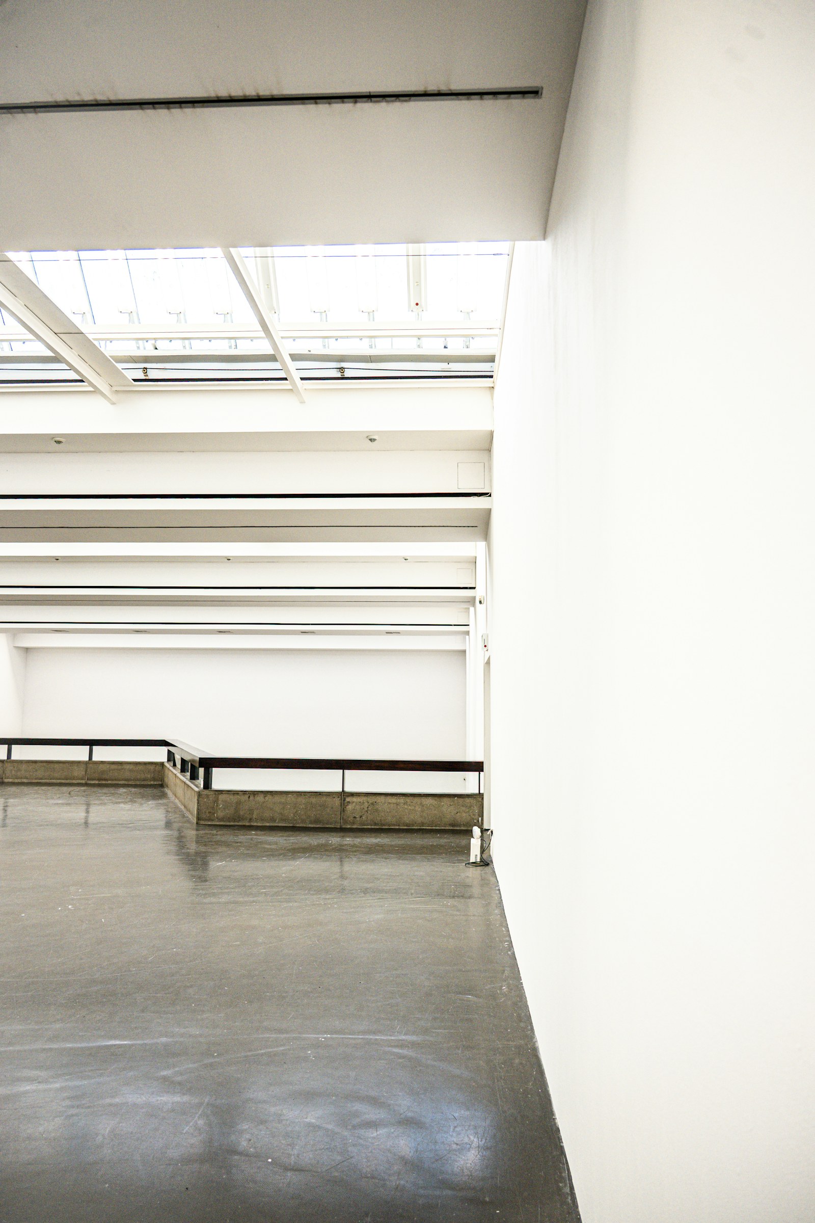 Modern art gallery with white walls and a concrete floor