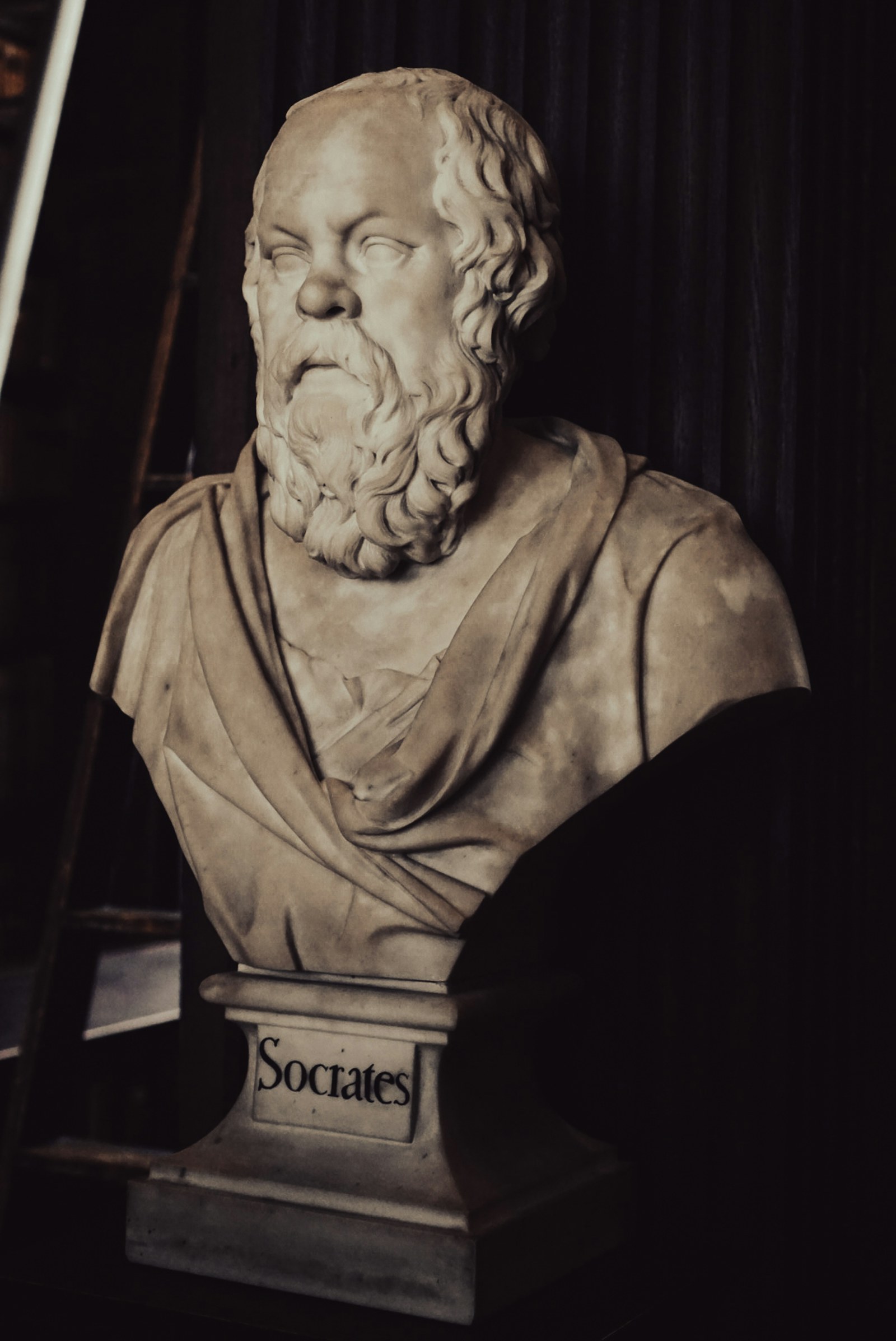 Marble bust of Socrates against a dark library background